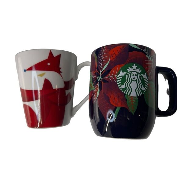 🎄2 Christmas cups!! Starbucks 2012 Christmas Red Fox with Bird & poinsettia mug - Picture 2 of 15